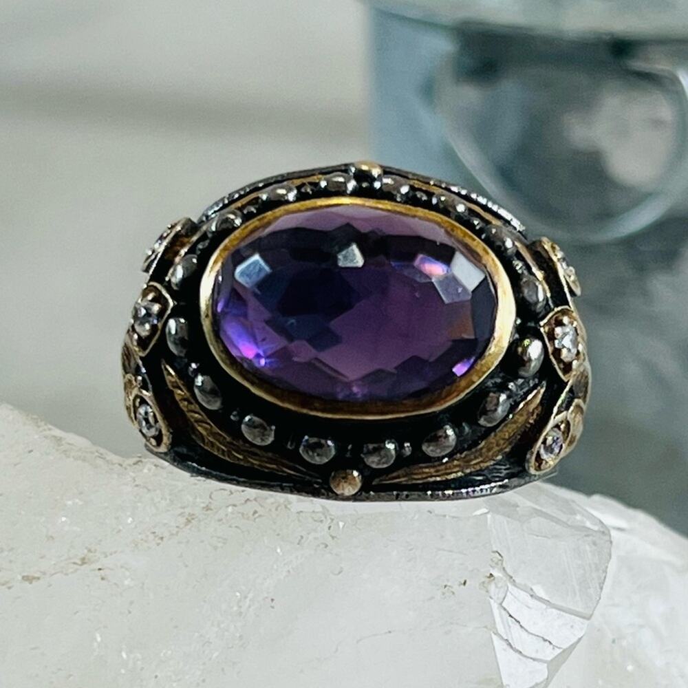 Vintage Sterling Amethyst Glass Turkish Cocktail Ring 8.5